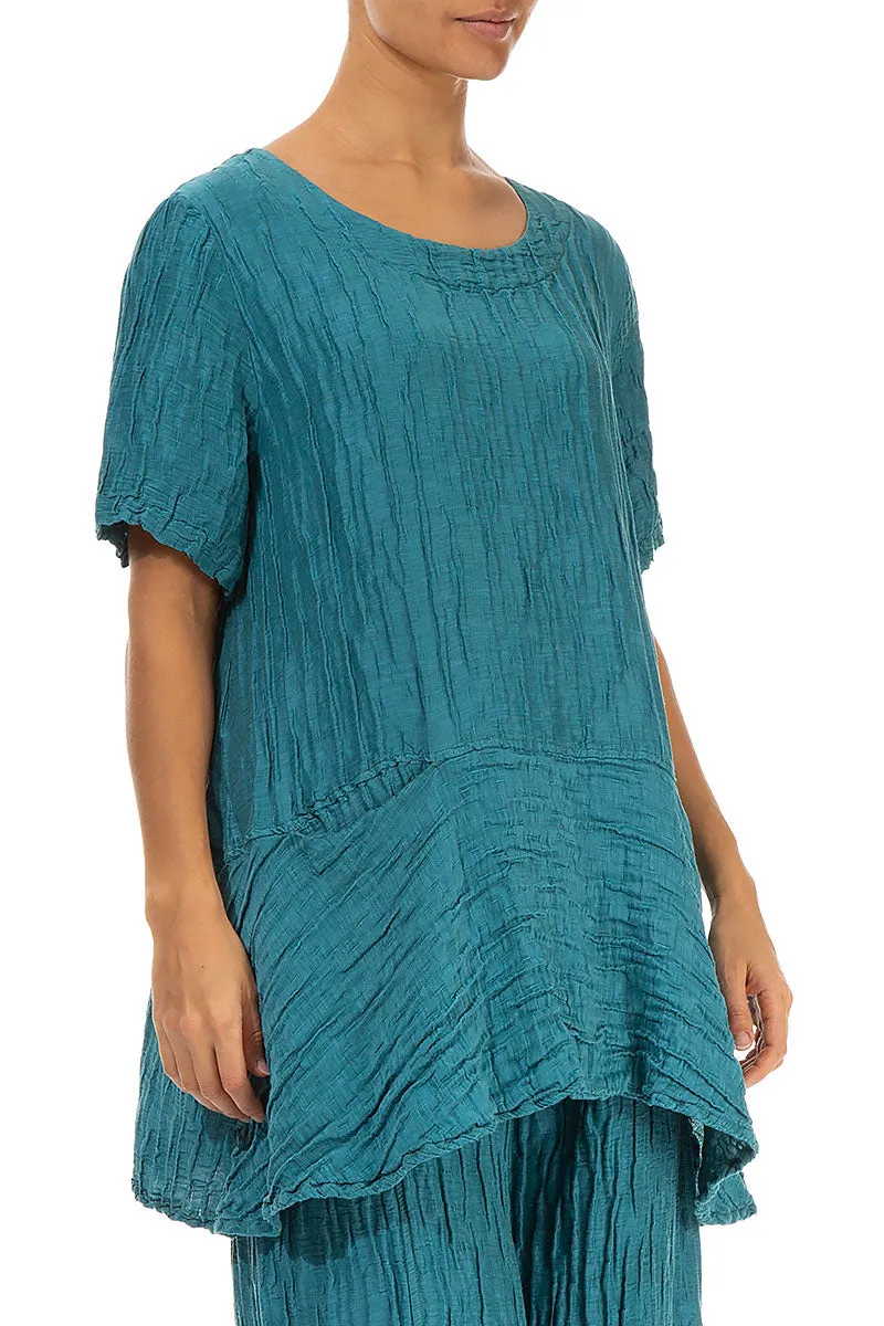 Flared Pockets Crinkled Turquoise Silk Blouse