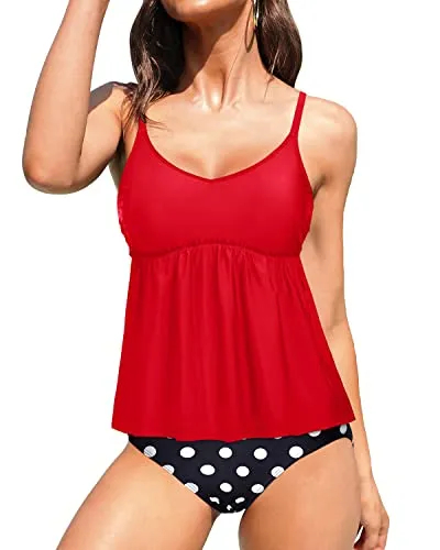 Flattering Peplum Tankini Swimsuit For Teen Girls-Red Dot