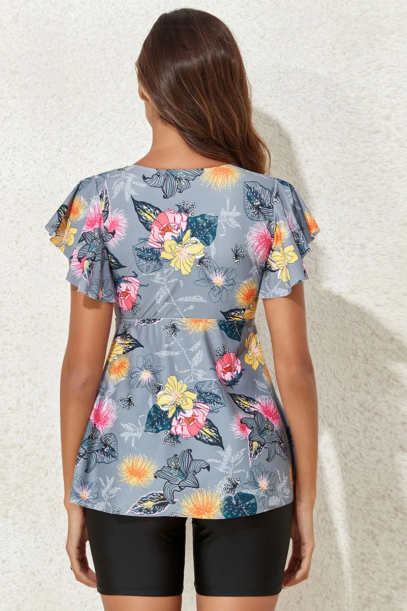 Floral Print Flattering Ruffle Sleeve Tankini
