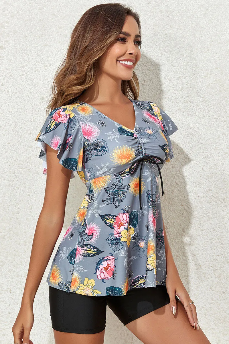 Floral Print Flattering Ruffle Sleeve Tankini
