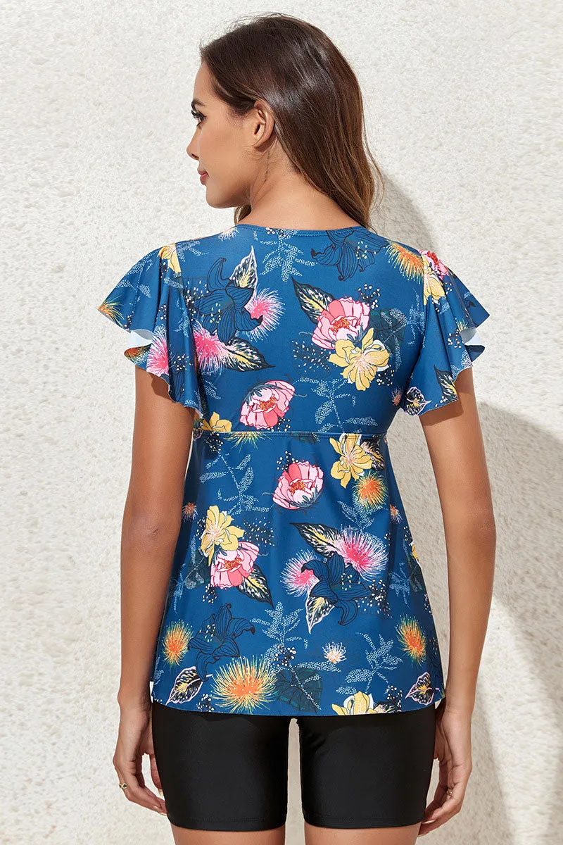 Floral Print Flattering Ruffle Sleeve Tankini