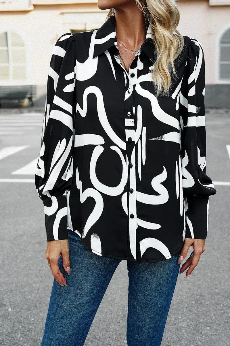 FLORAL PRINTING BUTTON UP FITTED CUFF BLOUSE