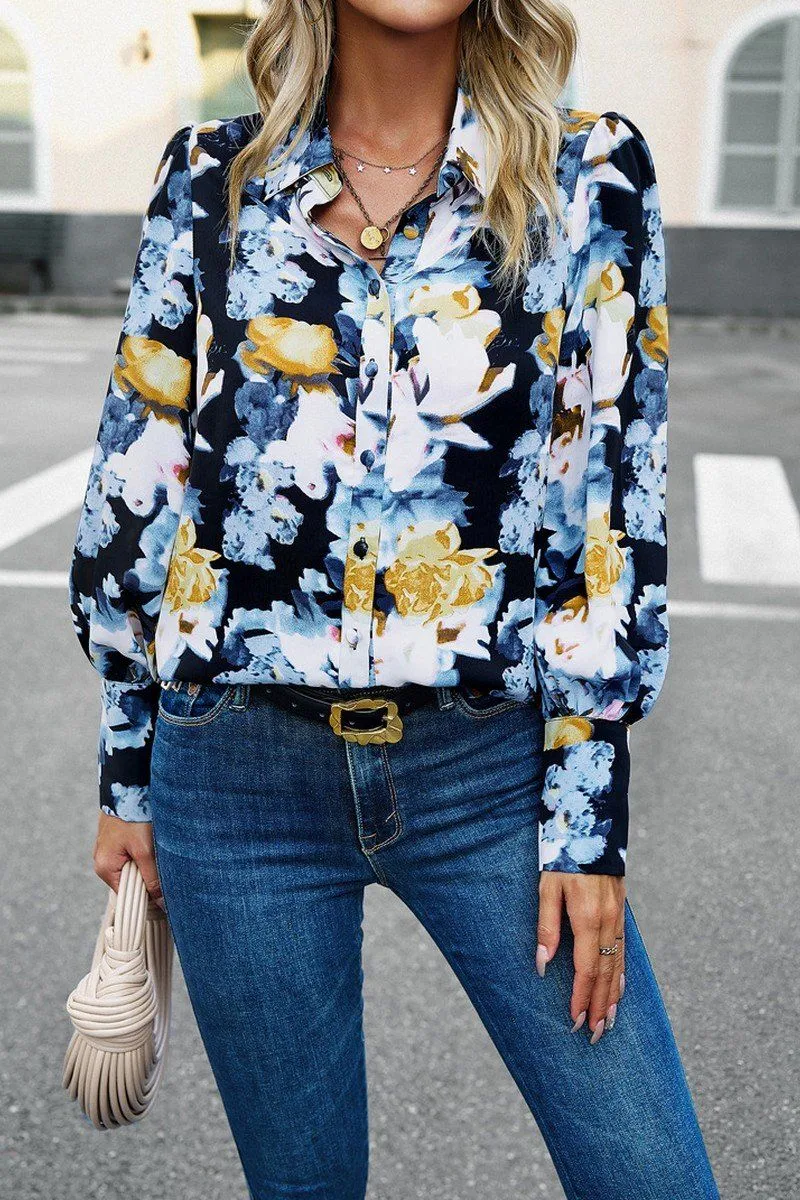 FLORAL PRINTING BUTTON UP FITTED CUFF BLOUSE