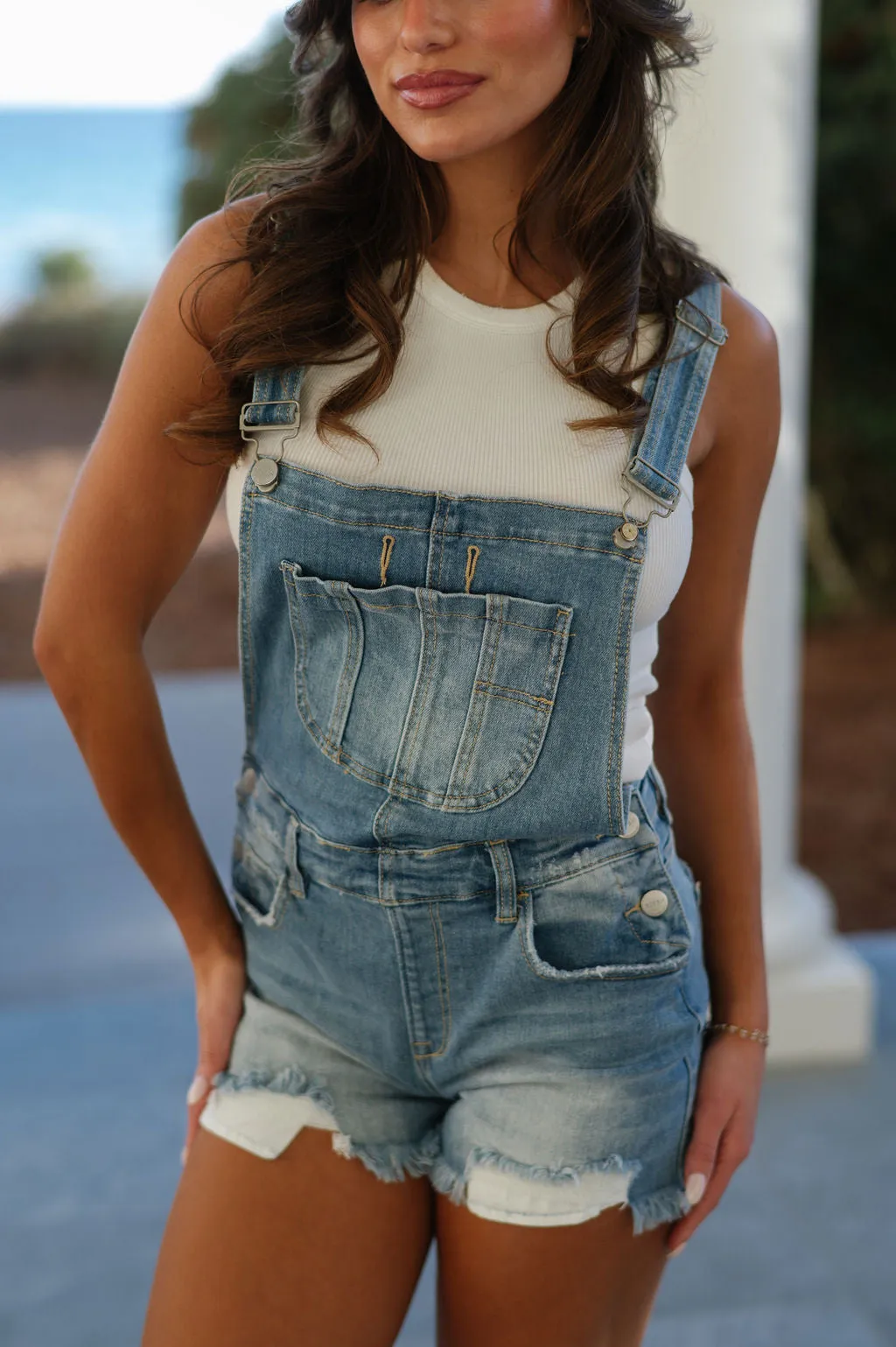 Front Distressed Overalls- Medium Wash