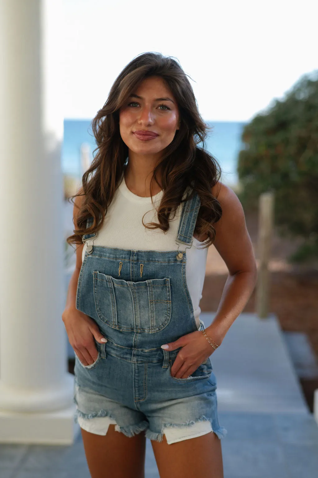 Front Distressed Overalls- Medium Wash