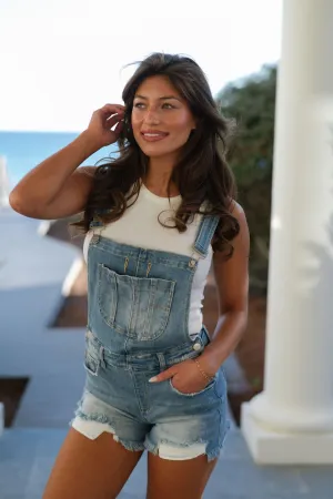 Front Distressed Overalls- Medium Wash