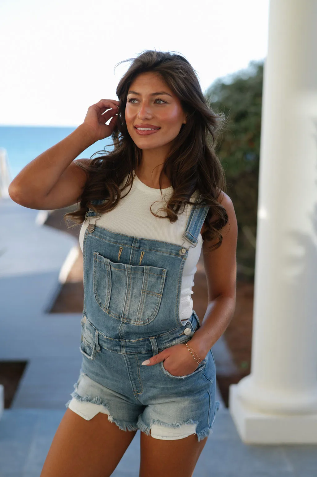Front Distressed Overalls- Medium Wash