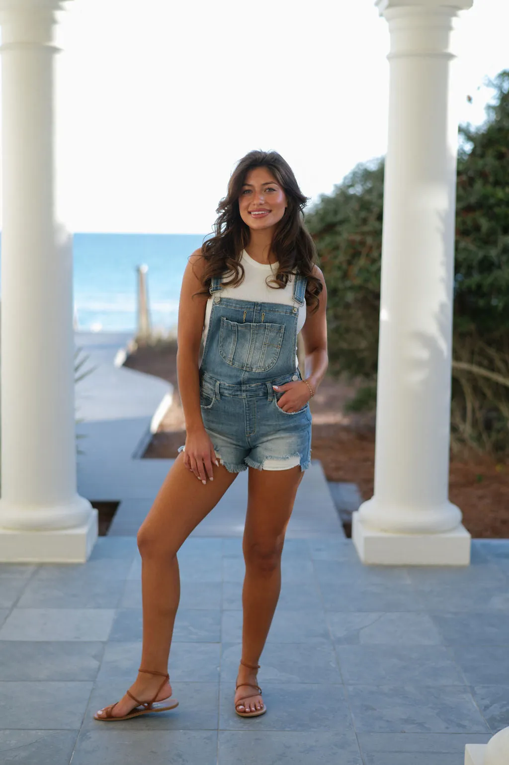 Front Distressed Overalls- Medium Wash