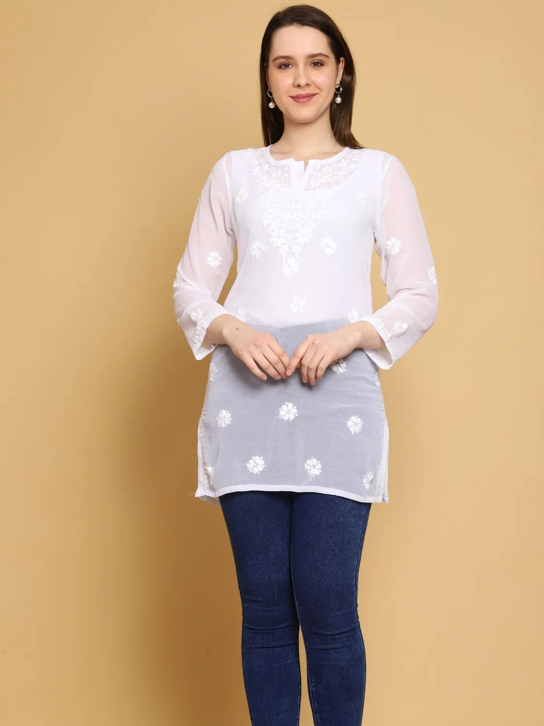 Frost White Poly Georgette Boho Top & Slip