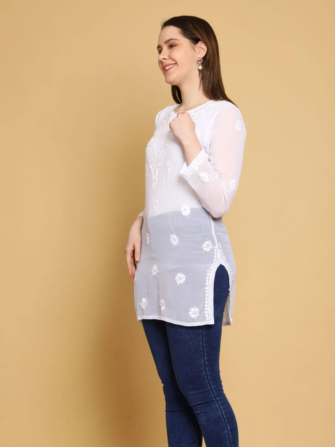 Frost White Poly Georgette Boho Top & Slip