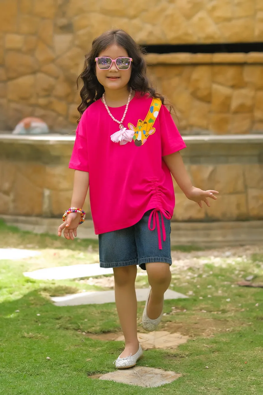 Giraffe with embroidery - Half sleeves T-shirts For Kids - Dark Pink - SBT-365