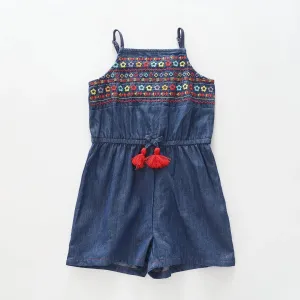 Girl's Retro Denim Embroidered Romper