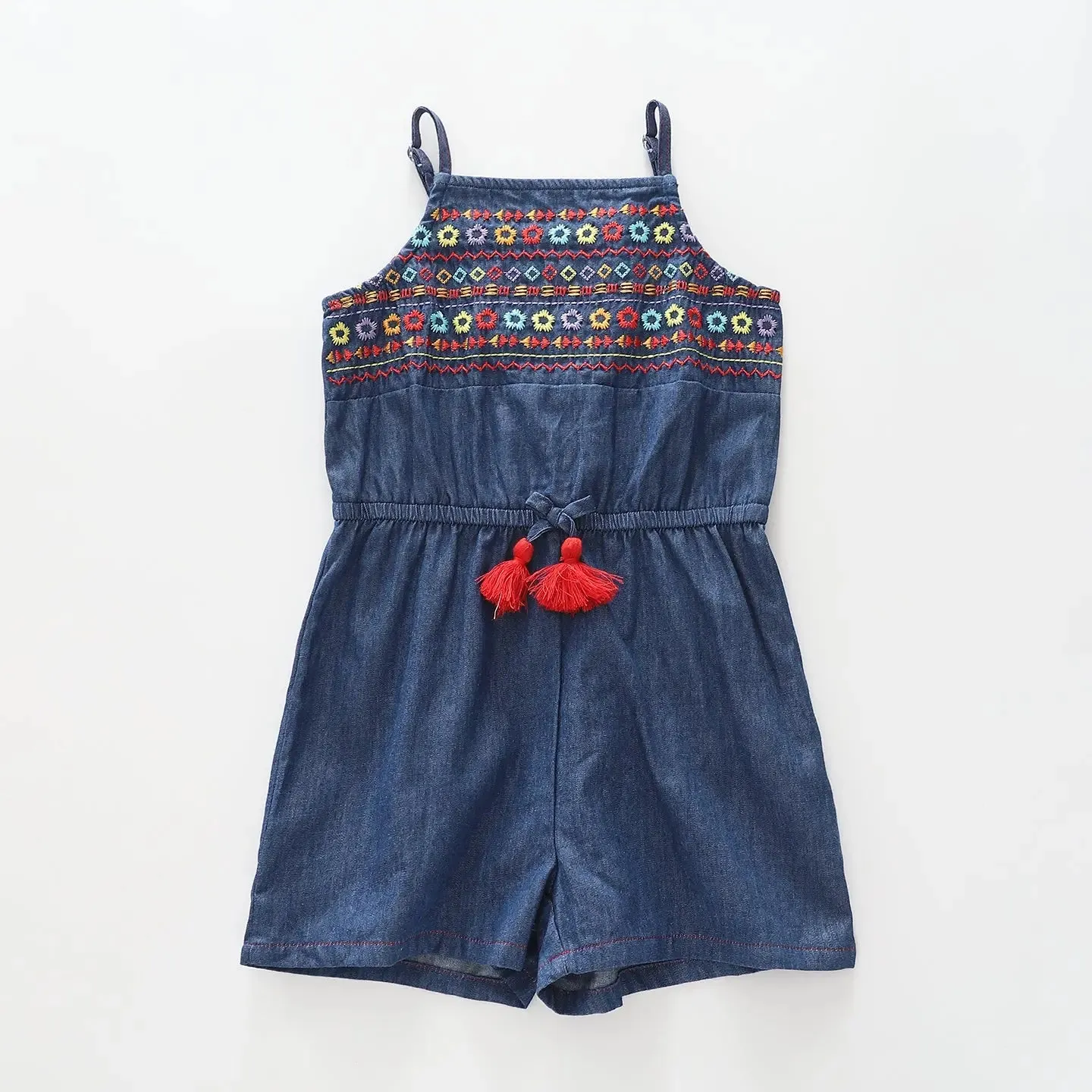 Girl's Retro Denim Embroidered Romper