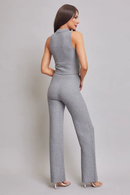 Grey Knit Sleeveless Collar Top And Pants Set