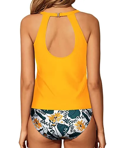 Halter Backless Tankini Modest Tummy Control Bottom-Yellow Floral