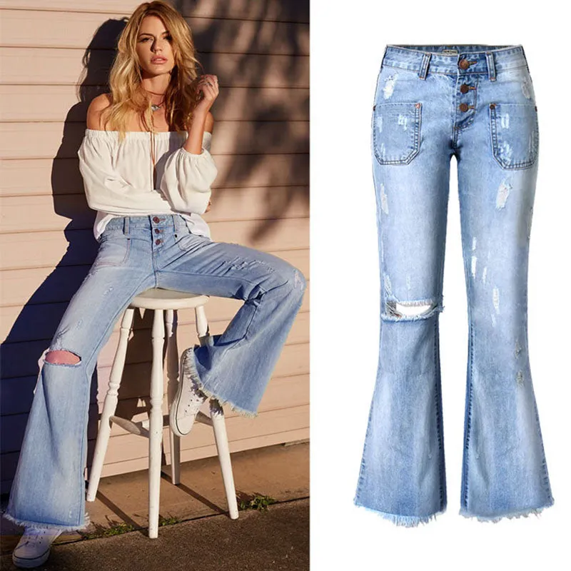 High Waist Ripped Washed Wide Leg Denim Pants