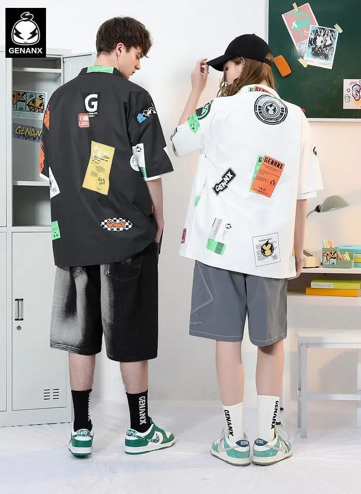 Hip Hop Patches Print Pointed Collar Drop-Shoulder Sleeve Shirt
