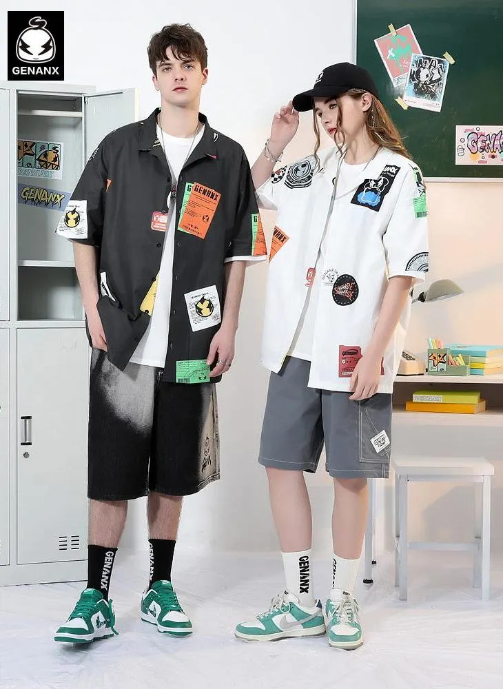 Hip Hop Patches Print Pointed Collar Drop-Shoulder Sleeve Shirt