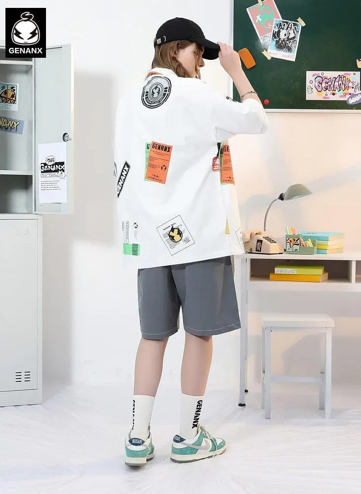 Hip Hop Patches Print Pointed Collar Drop-Shoulder Sleeve Shirt