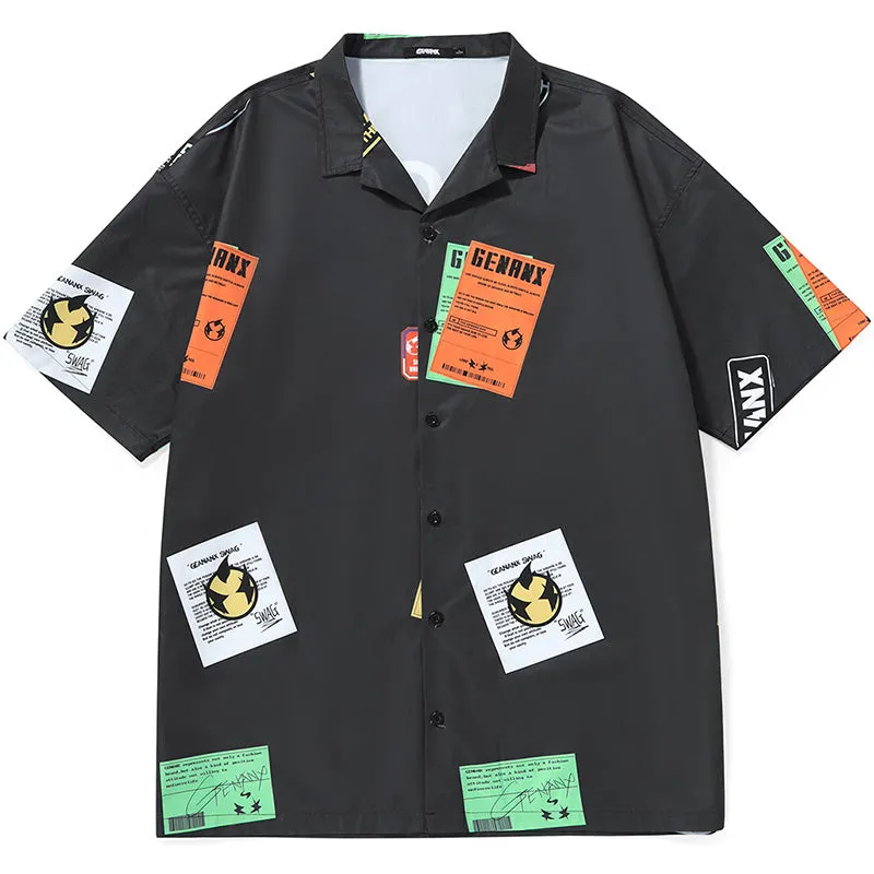 Hip Hop Patches Print Pointed Collar Drop-Shoulder Sleeve Shirt