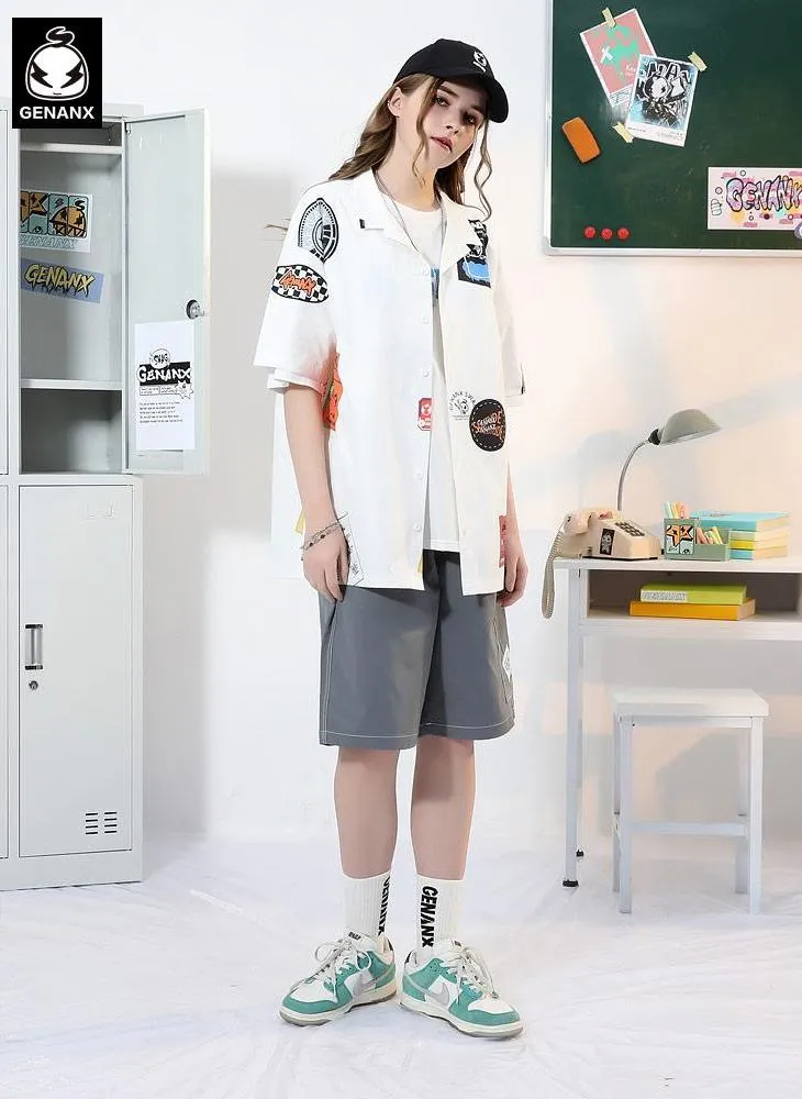Hip Hop Patches Print Pointed Collar Drop-Shoulder Sleeve Shirt