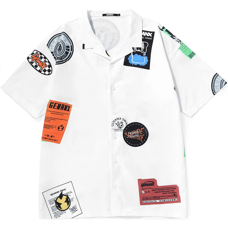 Hip Hop Patches Print Pointed Collar Drop-Shoulder Sleeve Shirt