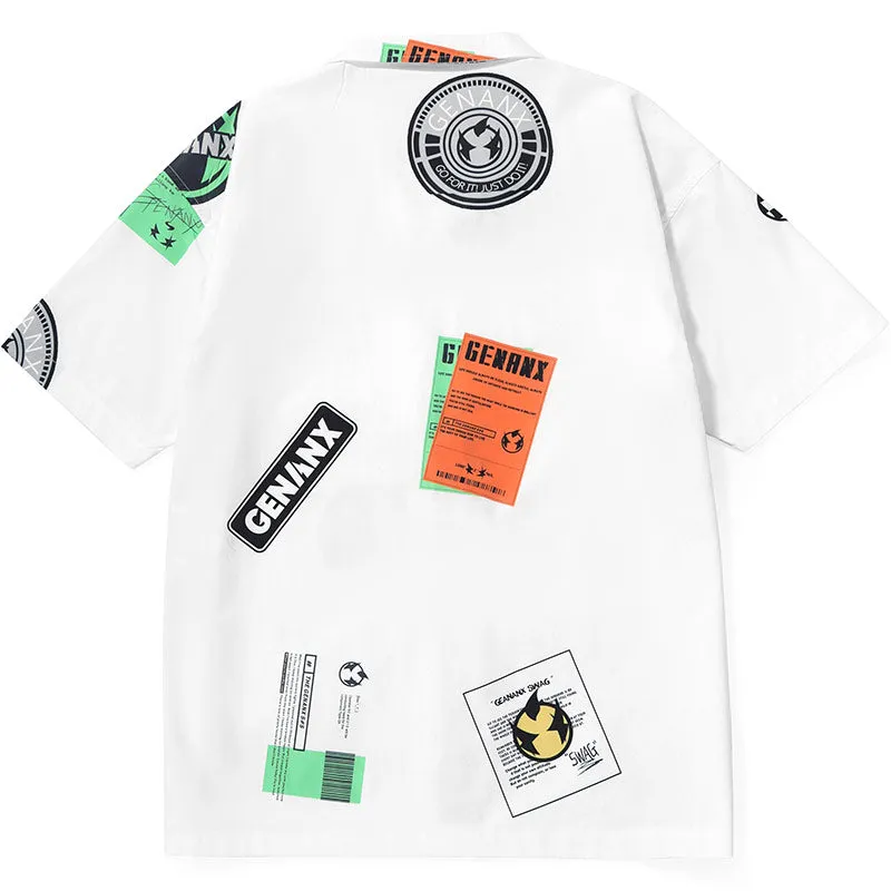 Hip Hop Patches Print Pointed Collar Drop-Shoulder Sleeve Shirt