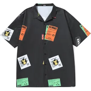 Hip Hop Patches Print Pointed Collar Drop-Shoulder Sleeve Shirt