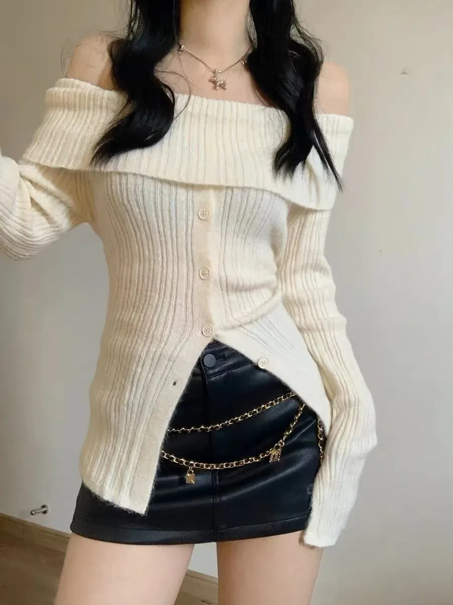 Knitted Sexy One-Shoulder Soft Waxy Single-Breasted Sweater Wholesale Women Top