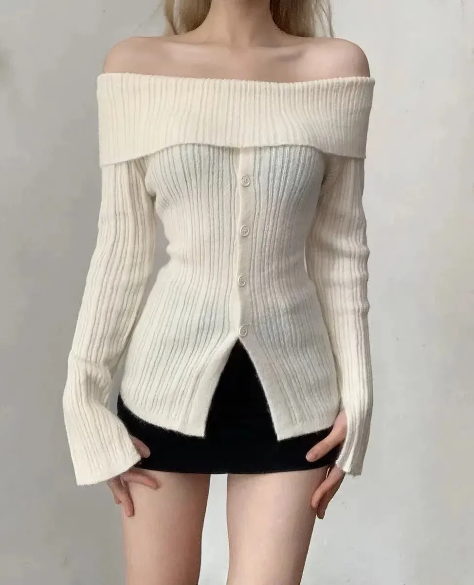 Knitted Sexy One-Shoulder Soft Waxy Single-Breasted Sweater Wholesale Women Top