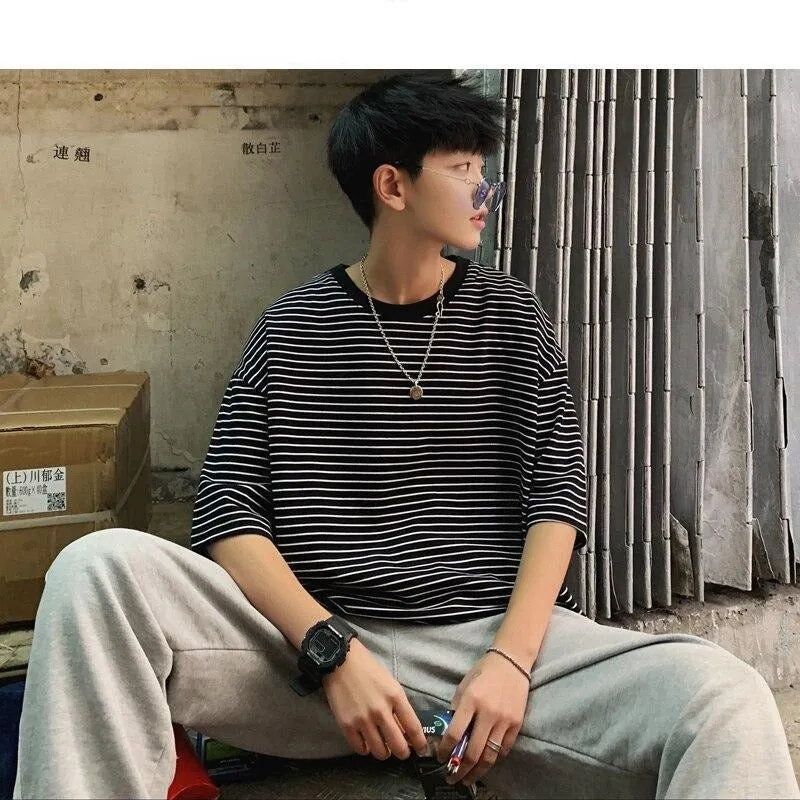 Korean T Shirt Striped Round Neck