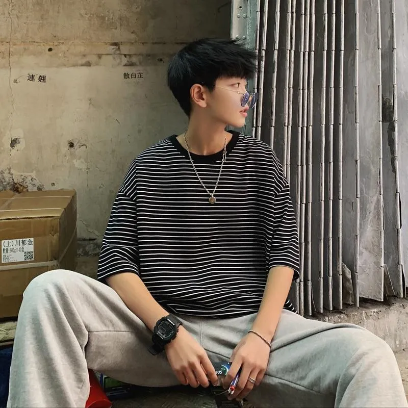 Korean T Shirt Striped Round Neck