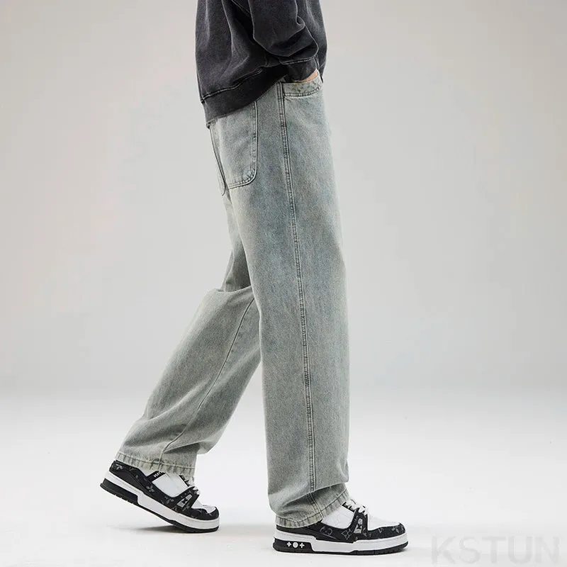 KSTUN Mens Baggy Jeans Wide Leg Pants Light Blue Loose Fit Men's Trousers Casual 2024 New Kpop Male Denim Clothing Streetwear