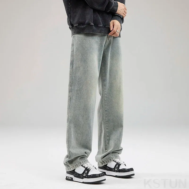 KSTUN Mens Baggy Jeans Wide Leg Pants Light Blue Loose Fit Men's Trousers Casual 2024 New Kpop Male Denim Clothing Streetwear