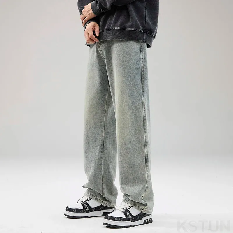 KSTUN Mens Baggy Jeans Wide Leg Pants Light Blue Loose Fit Men's Trousers Casual 2024 New Kpop Male Denim Clothing Streetwear