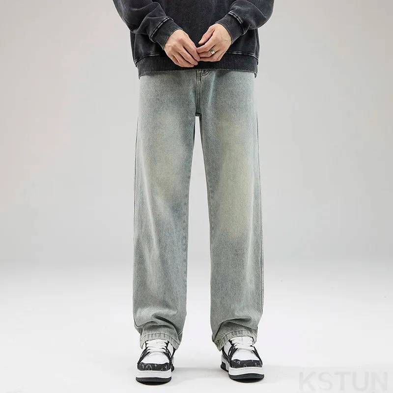 KSTUN Mens Baggy Jeans Wide Leg Pants Light Blue Loose Fit Men's Trousers Casual 2024 New Kpop Male Denim Clothing Streetwear