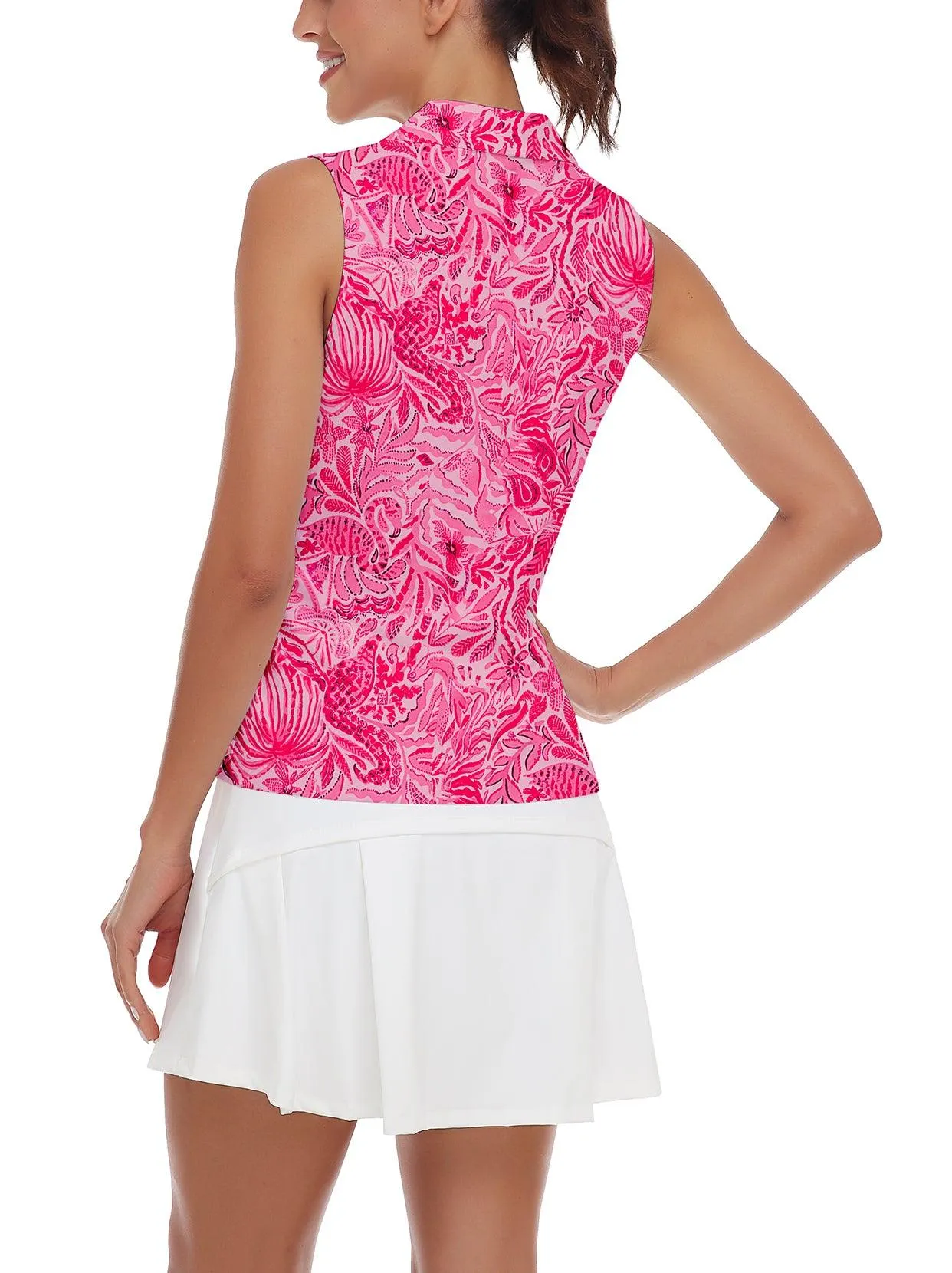 Ladies Sleeveless Golf Polo- 🏌🏿‍♀️SO® Pink Printing V-neck Sleeveless Shirts Moisture Wicking Tennis Shirts