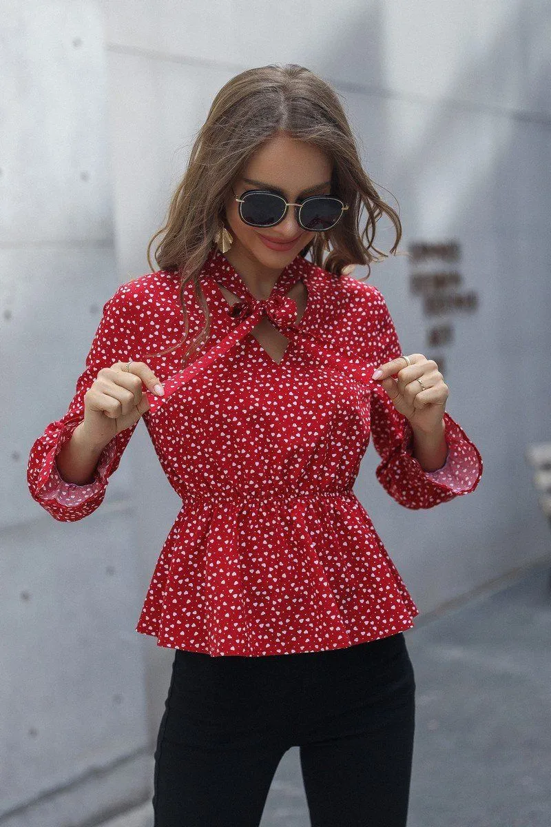 LANTERN SLEEVE TIED NECK HEART PATTERN TUNIC TOP
100% POLYESTER
SIZE S-M-L
MADE IN CHINA