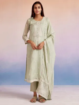 Light Green Dori Embroidered Festive Kurta Set With Dupatta