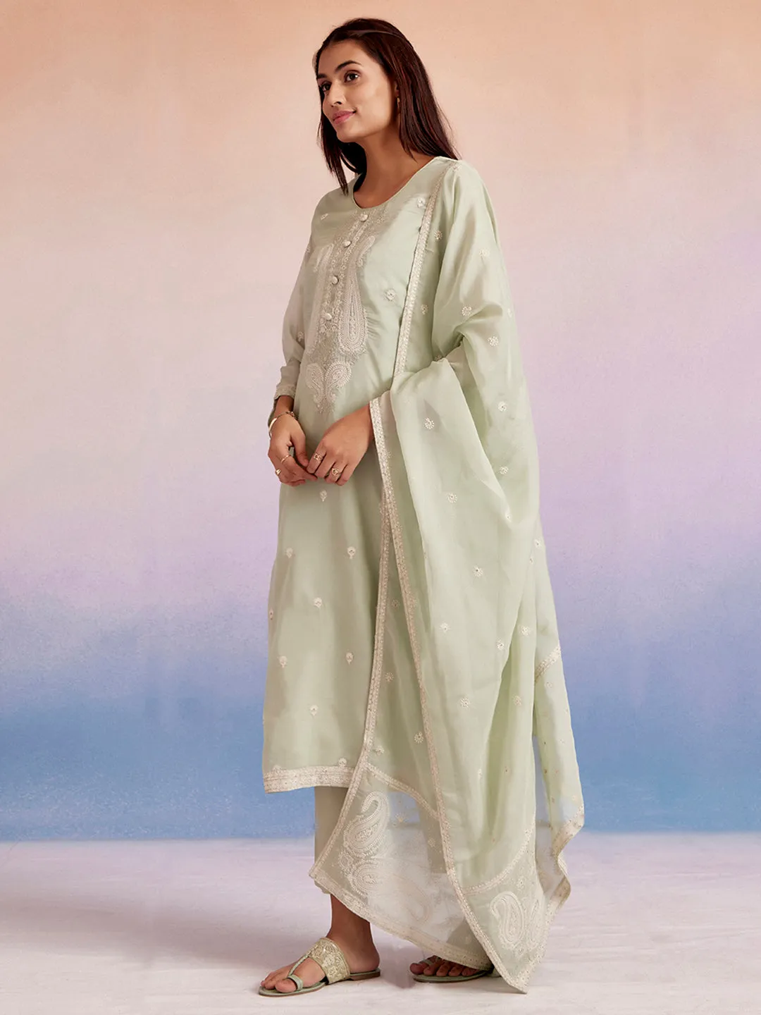 Light Green Dori Embroidered Festive Kurta Set With Dupatta