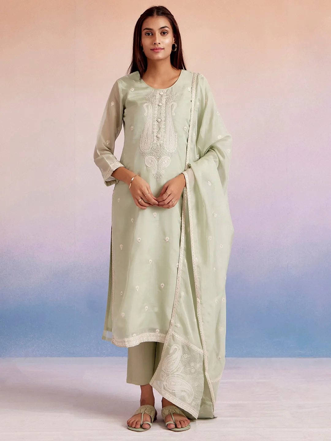 Light Green Dori Embroidered Festive Kurta Set With Dupatta