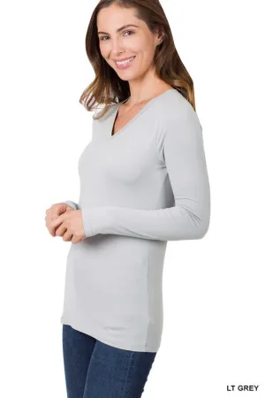 Light Grey Microfiber V-Neck Long Sleeve Top