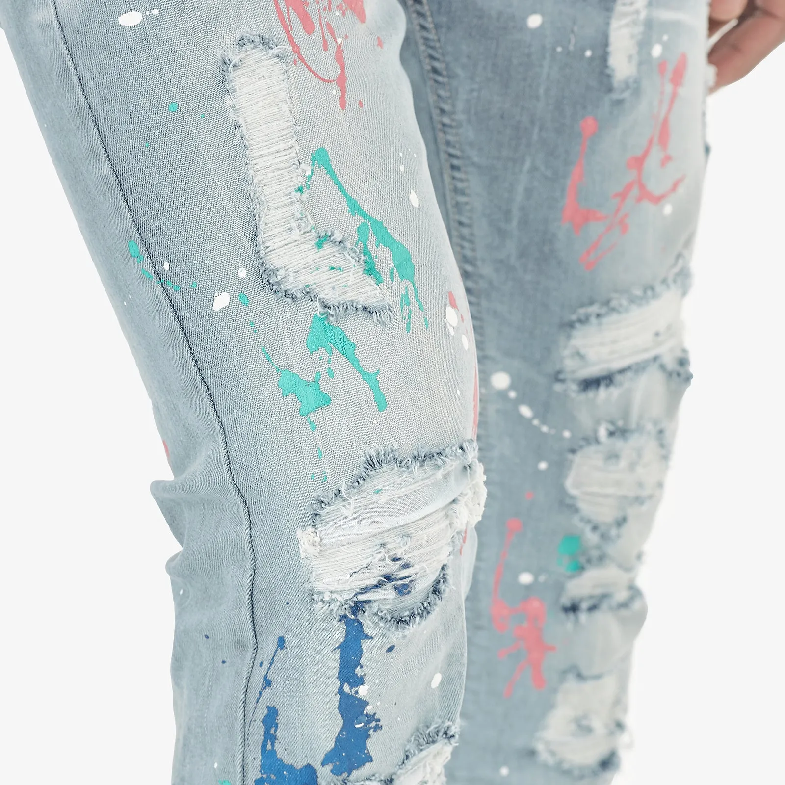 LIGHT SAND BLUE JEANS W/ MULTI COLOR PAINT DETAIL