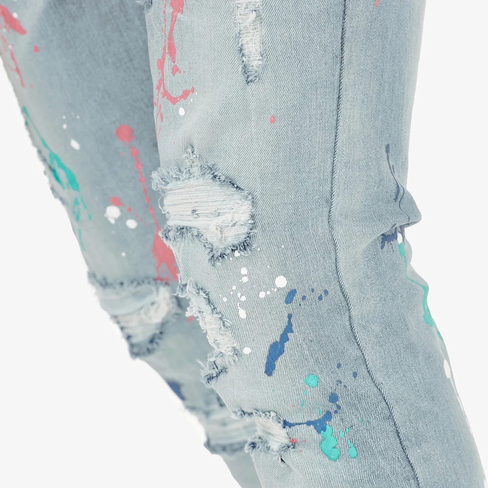 LIGHT SAND BLUE JEANS W/ MULTI COLOR PAINT DETAIL