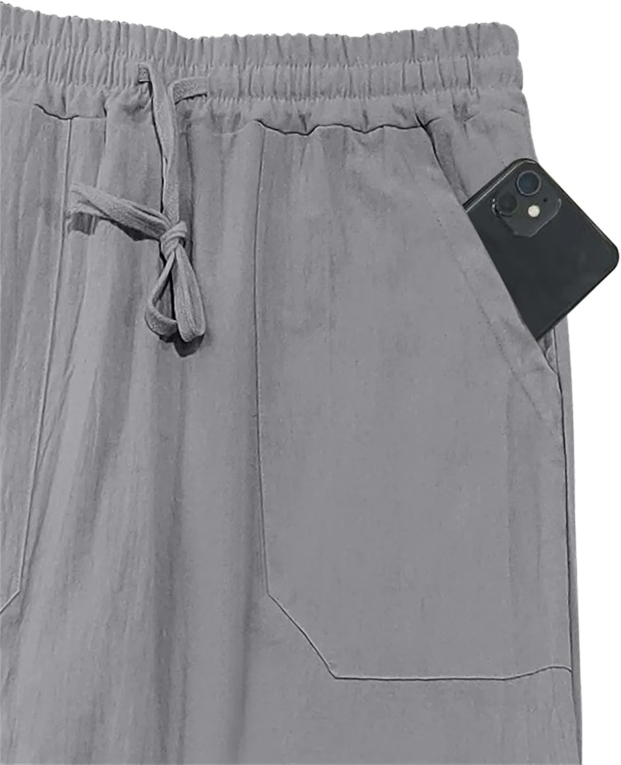 Linen Pants for Men Classic Basic Plain Casual Pants Summer Drawstring Waist Straight Leg Trousers Open Bottom Slacks