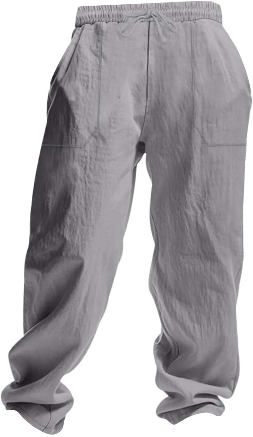 Linen Pants for Men Classic Basic Plain Casual Pants Summer Drawstring Waist Straight Leg Trousers Open Bottom Slacks