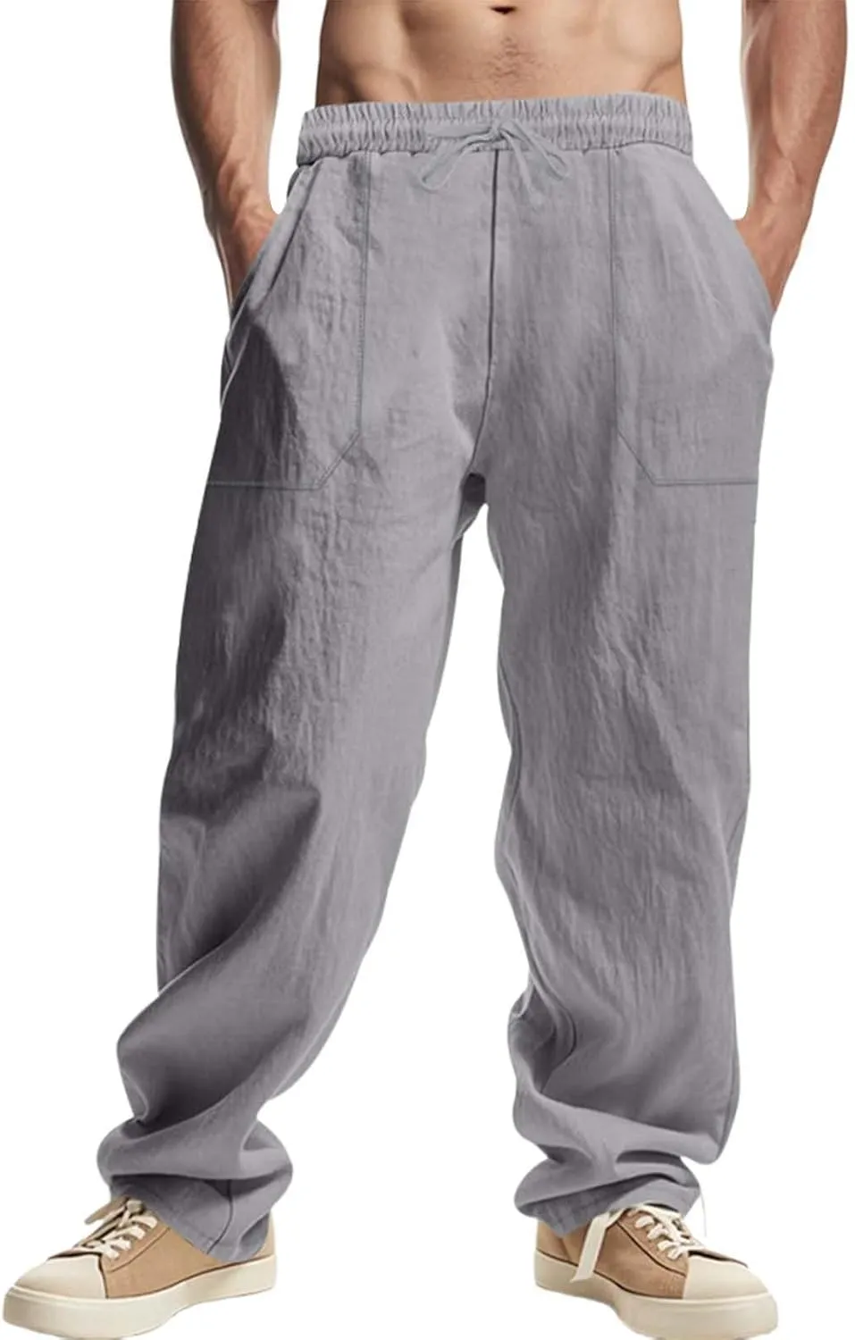 Linen Pants for Men Classic Basic Plain Casual Pants Summer Drawstring Waist Straight Leg Trousers Open Bottom Slacks