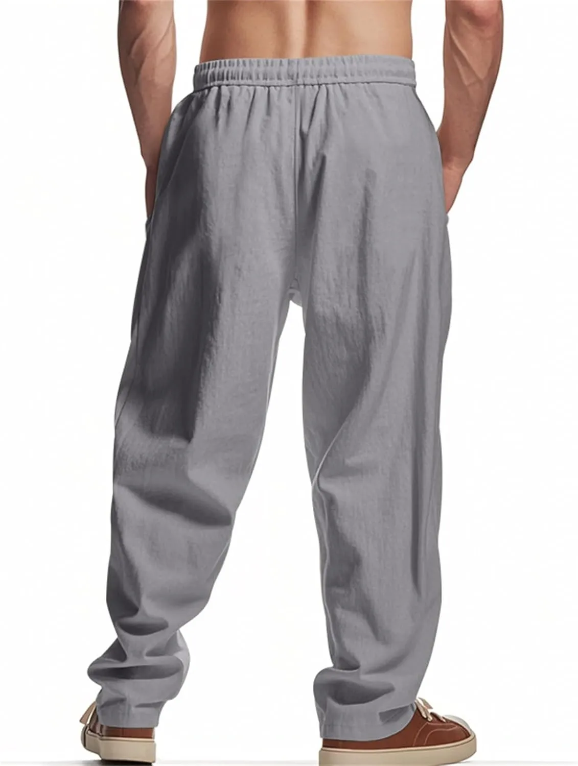 Linen Pants for Men Classic Basic Plain Casual Pants Summer Drawstring Waist Straight Leg Trousers Open Bottom Slacks
