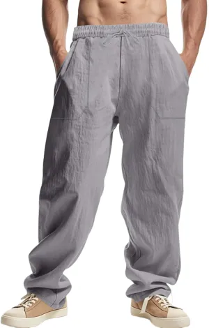 Linen Pants for Men Classic Basic Plain Casual Pants Summer Drawstring Waist Straight Leg Trousers Open Bottom Slacks