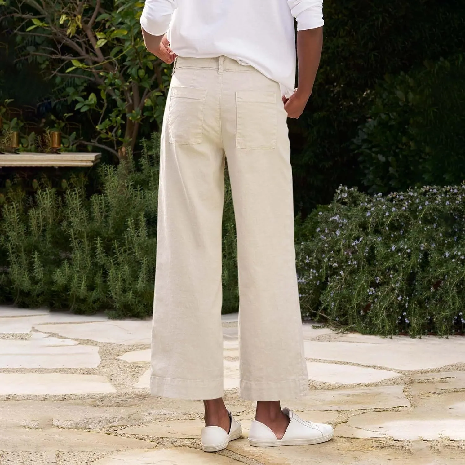 Linen Pants Women Straight Leg Lounge Cropped Capri Pants Dress Pants Summer Drawstring Casual Work Pants Trousers
